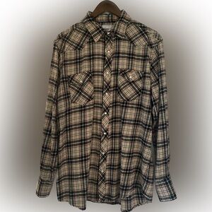 Wrangler Wrancher Brown Plaid Flannel Pearl Snaps Size XL Tall
